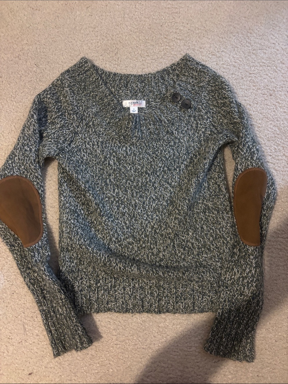 Old Navy Women's Green Marled Button-Shoulder Sweater with Brown Elbow Patches
